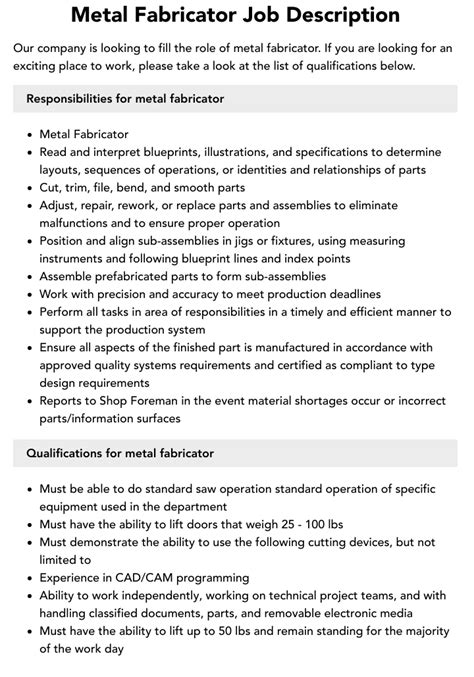 sheet metal fabrication job work|sheet metal fabrication job duties.